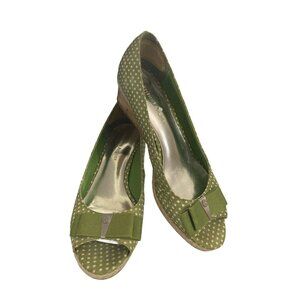 Etienne Aigner Size 7.5M Green Polka Dot Fabric Wedge Peep Toe cork heel Shoes